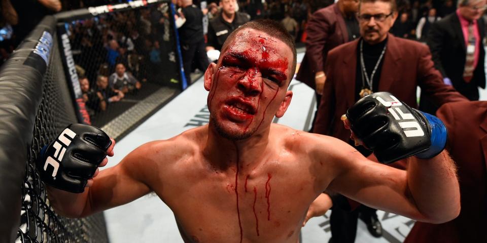 Nate Diaz celebrates his win over Conor McGregor in 2016.