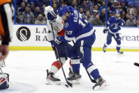 Tampa Bay Lightning left wing Alex Killorn (17) scores in front of Florida Panthers defenseman MacKenzie Weegar (52) during the second period of an NHL hockey game Monday, Dec. 23, 2019, in Tampa, Fla. (AP Photo/Chris O'Meara)