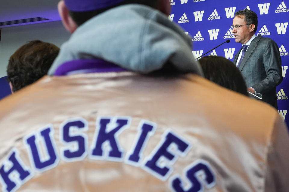 New Washington head coach Jedd Fisch speaks during an NCAA college football press conference to introduce him, Tuesday, Jan. 16, 2024, in Seattle. (AP Photo/Lindsey Wasson)