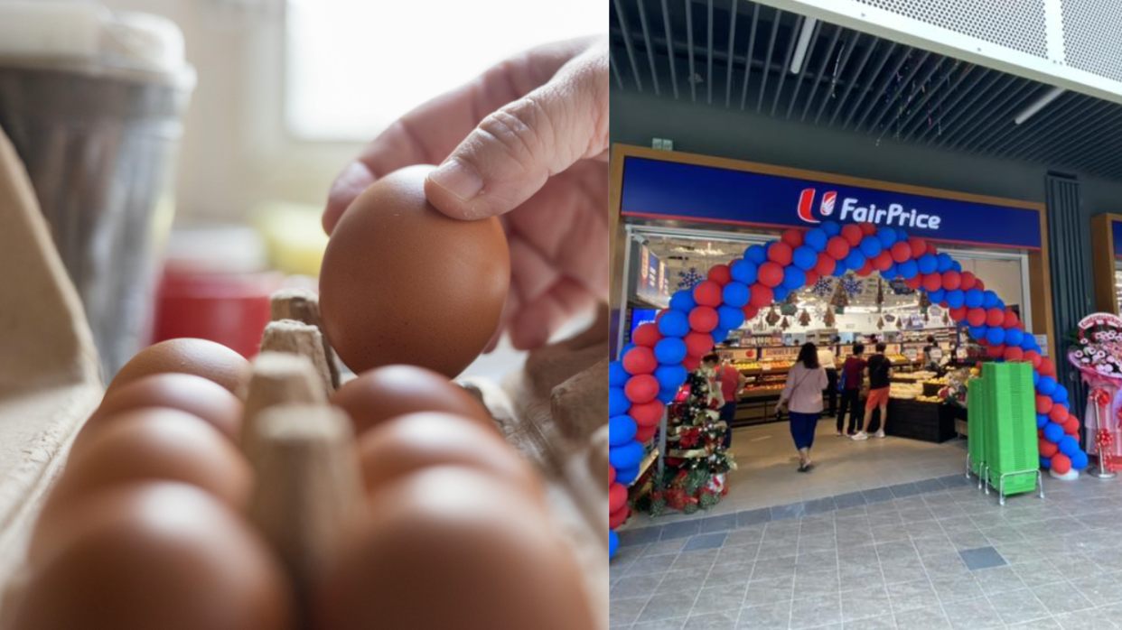 Hand picking eggs from a tray (left) and FairPrice entrance (right). 