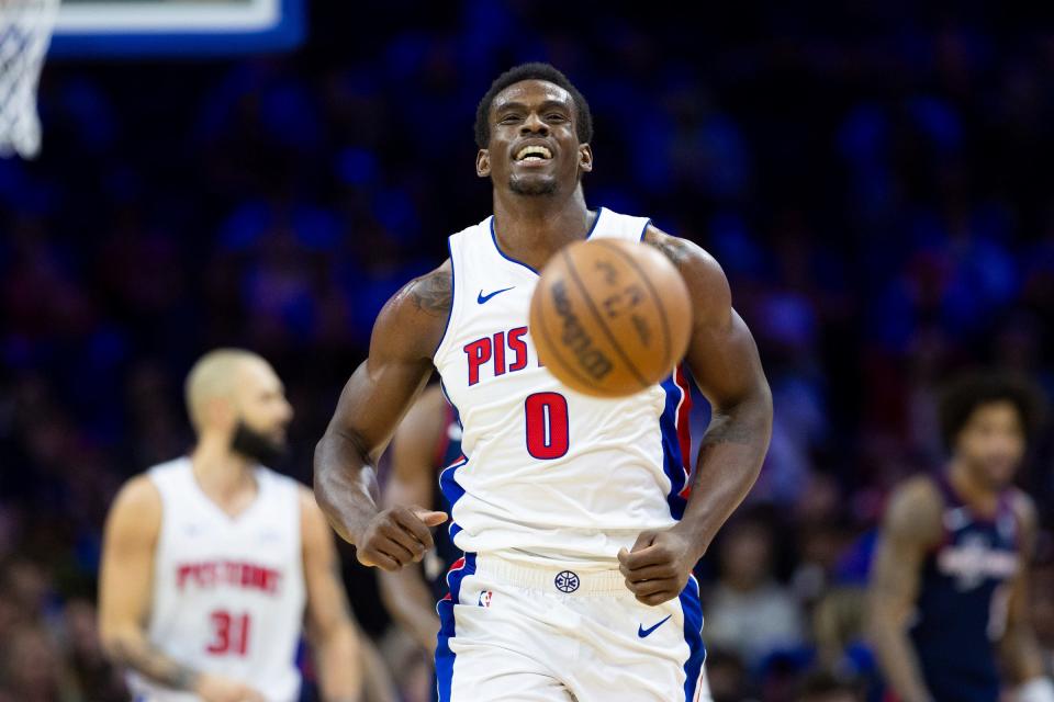 Pistons center Jalen Duren reacts after losing control of the ball at midcourt against the 76ers during the second quarter on Tuesday, April 9, 2024, in Philadelphia.