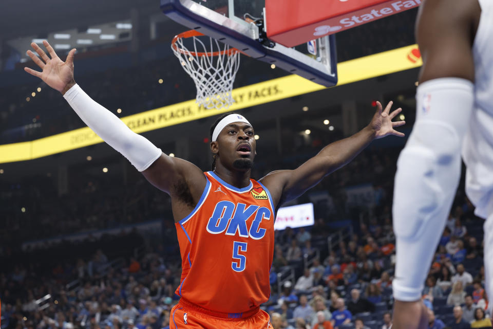 Nov 8, 2023; Oklahoma City, Oklahoma, USA; Oklahoma City Thunder guard Luguentz Dort (5) defends an inbound pass during the first quarter against the Cleveland Cavaliers at Paycom Center. Mandatory Credit: Alonzo Adams-USA TODAY Sports