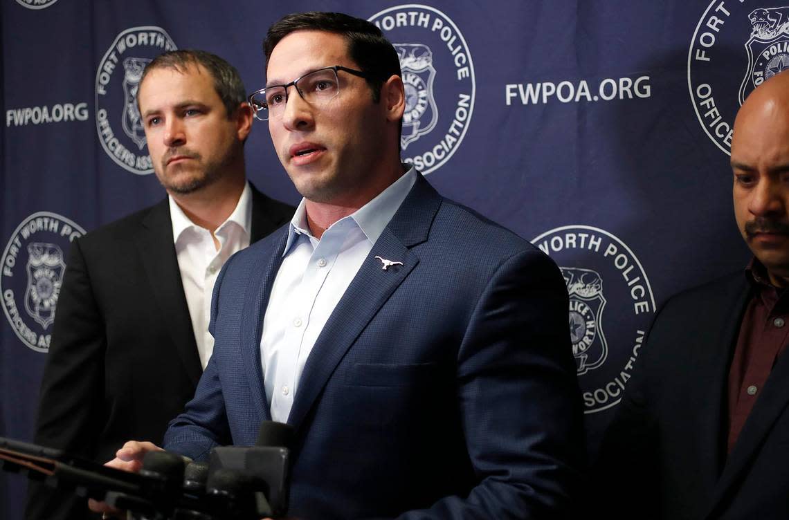 Fort Worth Police Officers Association President Manny Ramirez holds a press conference on Tuesday, April 16, 2019, in Fort Worth. Ramirez said Police Chief Joel Fitzgerald fired rookie officer Lina Mino after a rushed investigation. Mino discharged her weapon during a traffic stop of a man determined to be a wanted felon.