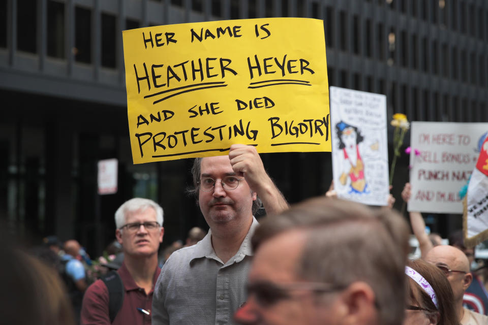 People gather in downtown Chicago on Aug. 13 to protest the alt-right movement and to mourn Heather Heyer, who was killed in Charlottesville when a car plowed into a crowd of counterprotesters.
