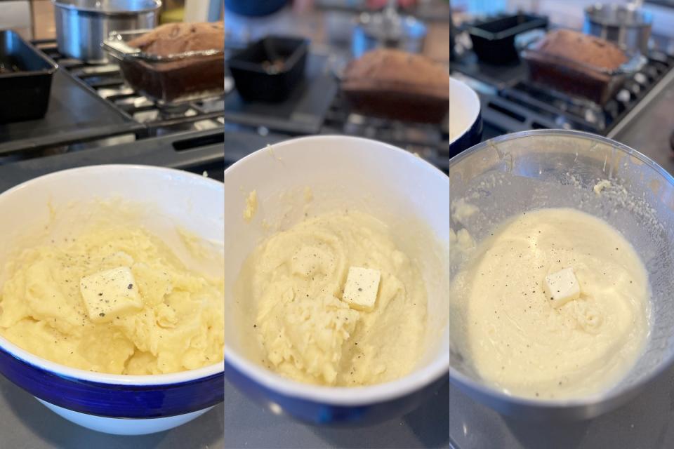 Three bowls of mashed potatoes arranged from yellowish to whiter to whitest. Each has a pat of butter on top. 