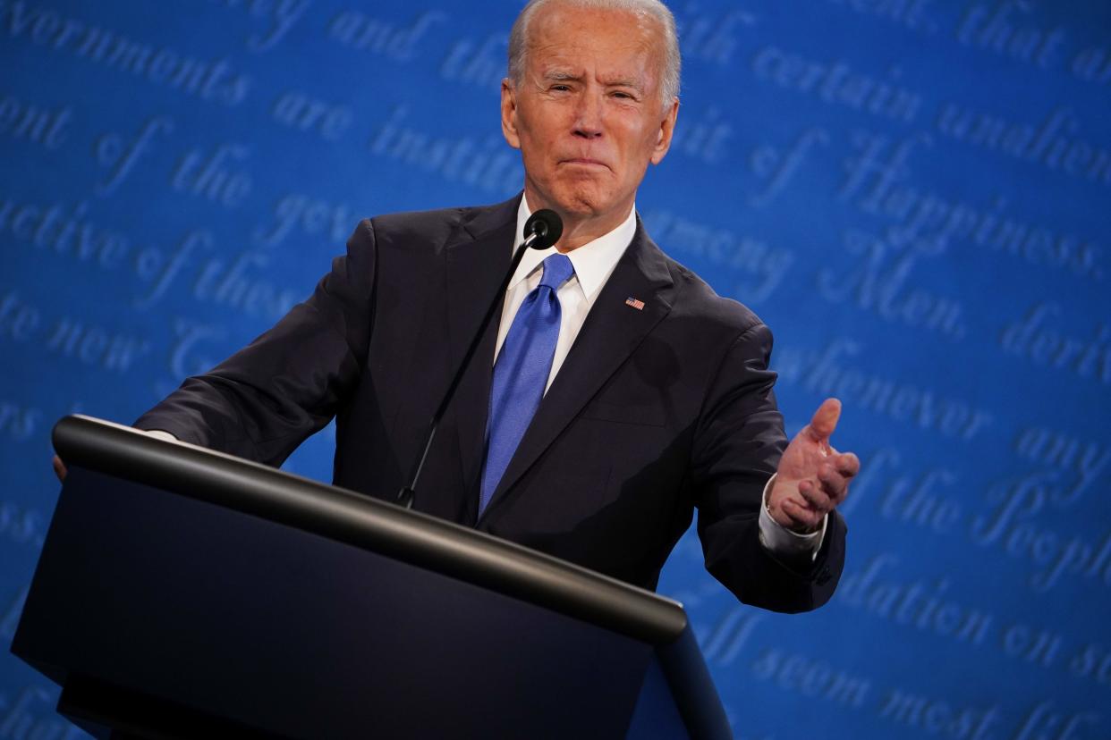 Democratic Presidential candidate and former US Vice President Joe Biden speaks during the final presidential debate at Belmont University in Nashville, Tennessee, on October 22, 2020. (Photo by Brendan Smialowski / AFP) (Photo by BRENDAN SMIALOWSKI/AFP via Getty Images) (AFP via Getty Images)
