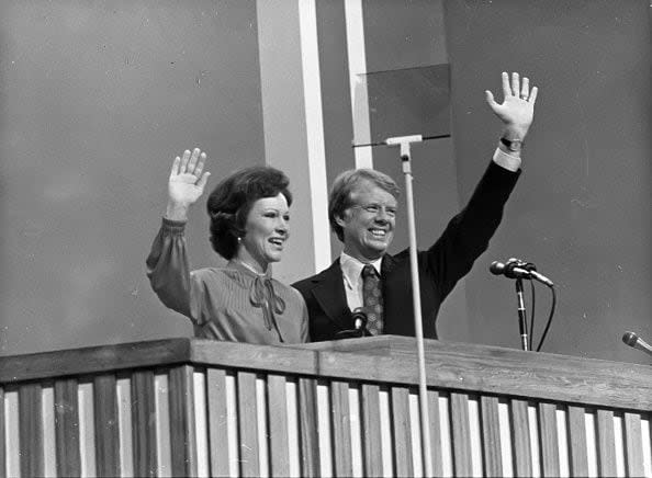 NEW YORK - JULY 16, 1974: Jimmy Carter and wife Rosalynn Carter wave to the delegates at the 1977 Democratic National Convention after Carter was nominated to run for President. (Photo by PL Gould/Images Press/Getty Images)
