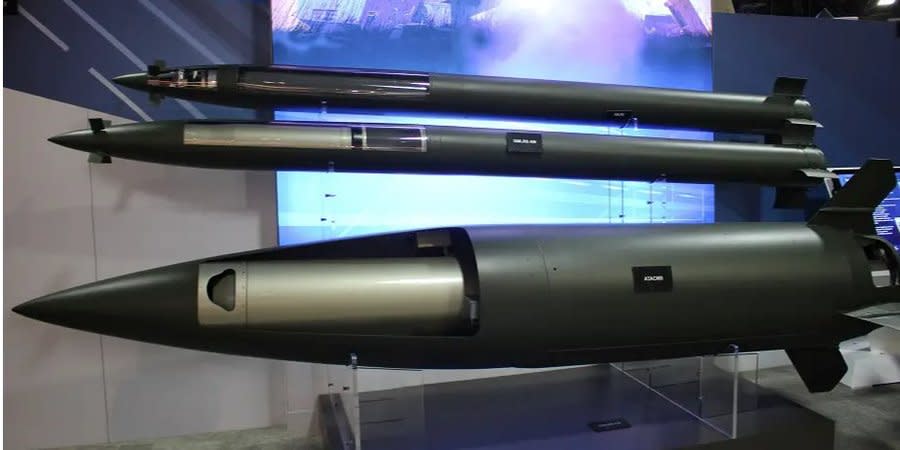 A full-size model of the ATACMS missile on the exhibition stand