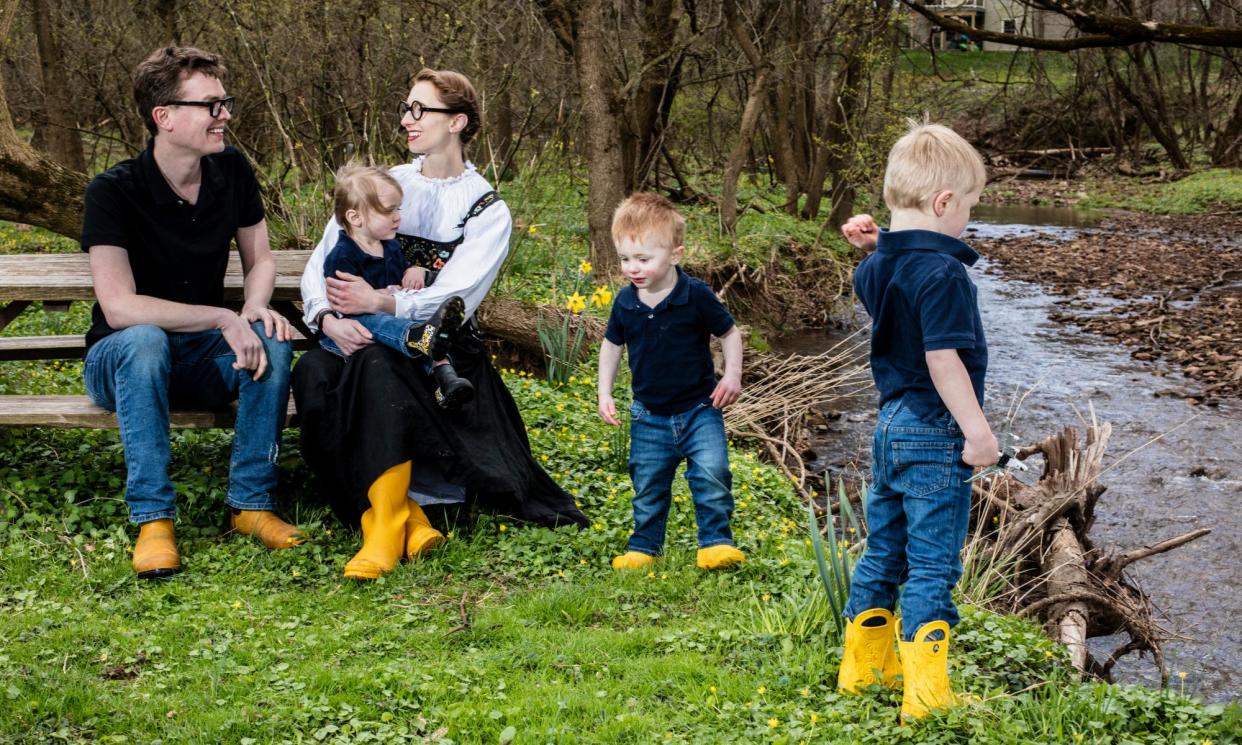 <span>Malcolm and Simone Collins with their children – Octavian George, four, Torsten Savage, two, and Titan Invictus, one – at home in Pennsylvania.</span><span>Photograph: Bryan Anselm/The Guardian</span>