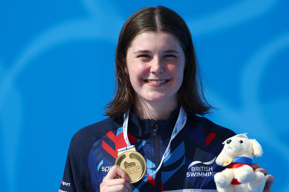 ROME, ITALY - AUGUST 17: Andrea Spendolini Sirieix of Great Britain poses with her Gold medal after winning the Women's 10m Platform Final on Day 7 of the European Aquatics Championships Rome 2022 at the Stadio del Nuoto on August 17, 2022 in Rome, Italy. (Photo by Clive Rose/Getty Images)