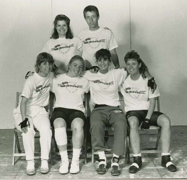 The 1988 Willkie Sprint team members, bottom row from left, Kirsten Swanson, Kristin McArdle, Kerry Hellmuth and Amy Tucker, and back row from left, Louise Elder and coach Kevin Wentz.