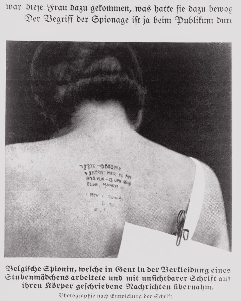 Invisible ink on the back of Belgian woman spy.