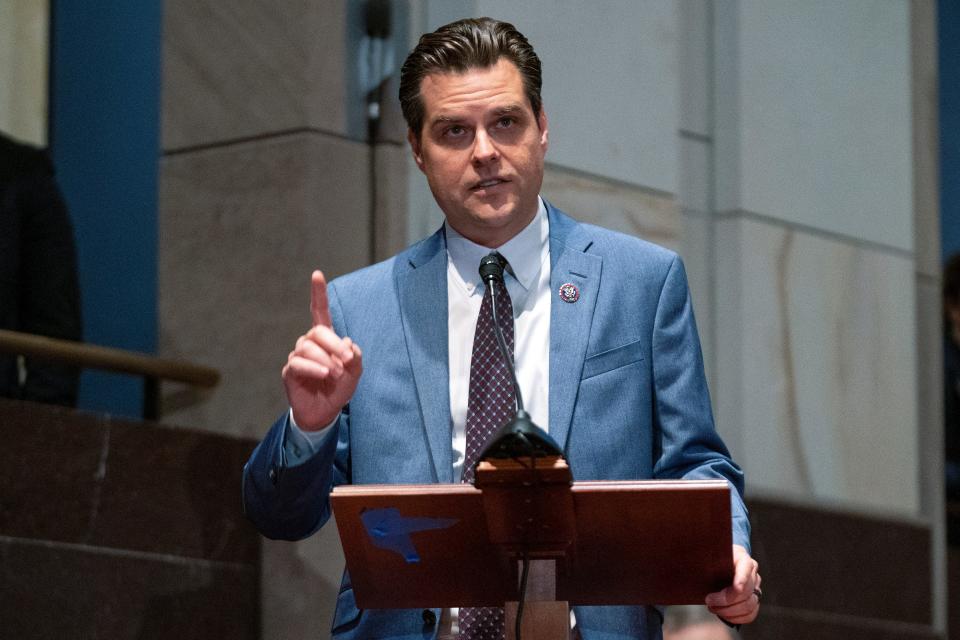 Rep. Matt Gaetz, R-Fla., speaks during a House Judiciary Committee oversight hearing of the Department of Justice on Oct. 21 on Capitol Hill in Washington.