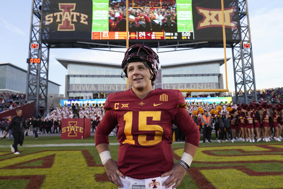 Iowa State quarterback Brock Purdy (15) celebrates on the field after an NCAA college football game against Oklahoma State, Saturday, Oct. 23, 2021, in Ames, Iowa. Iowa State won 24-21. (AP Photo/Charlie Neibergall)