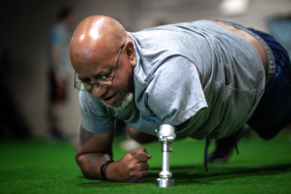 Sgt. William Santos of Lebanon works out at Adaptive Training Foundation in Carrollton, Texas.