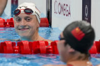 Katie Ledecky, of the United States, reacts following her swim in a heat of the women's 1500-meter freestyle at the 2020 Summer Olympics, Monday, July 26, 2021, in Tokyo, Japan. (AP Photo/Martin Meissner)