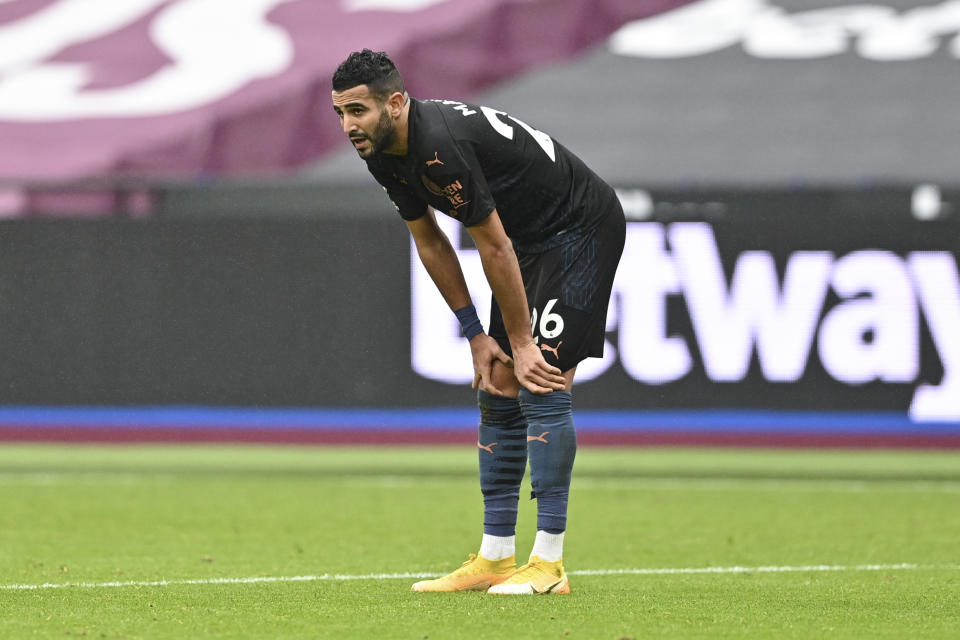 Manchester City's Riyad Mahrez reacts during the English Premier League soccer match between West Ham and Manchester City, at the London Olympic Stadium Saturday, Oct. 24, 2020. (Justin Tellis, Pool via AP)