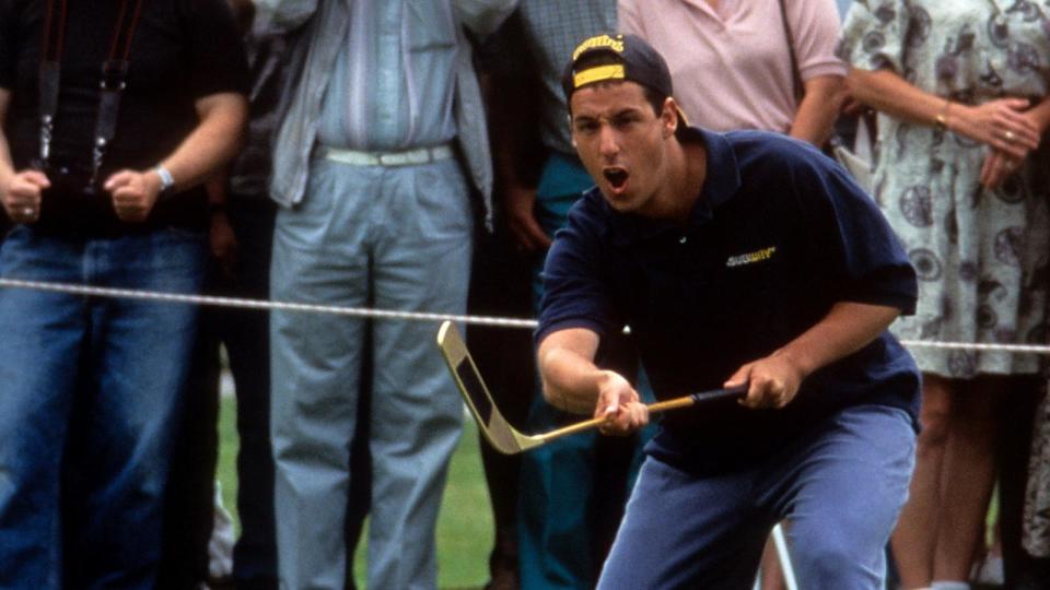 PHOTO: Adam Sandler plays golf in a scene from the film 'Happy Gilmore,' 1996.  (Universal/Getty Images)