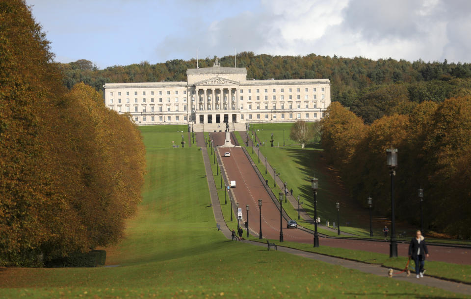 The grounds of Stormont estate beside Parliament buildings, Belfast, Northern Ireland, Thursday, Oct. 17, 2019. The Democratic Unionist Party has announced Thursday that it will be unable to support the British Prime Minister's new Brexit deal.(AP Photo/Peter Morrison)
