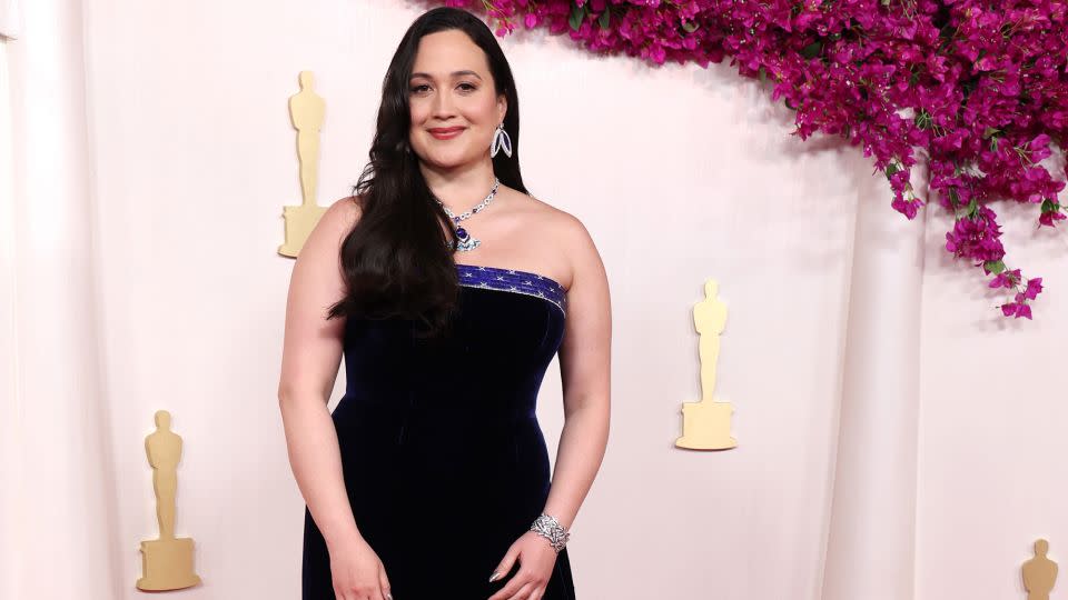 Lily Gladstone, nominated as Best Actress for "Killers of the Flower Moon,” paid tribute to Native American design in a blue velvet Gucci gown that was created in collaboration with Indigenous artist Joe Big Mountain. - Kevin Mazur/Getty Images