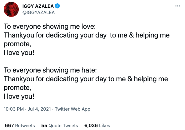 Screenshots of tweets about Iggy Azalea's new music video for her song, 