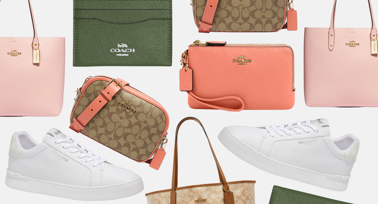 coach outlet spring styles green coach wallet, coral coach wallet, white sneaker, pink tote bag