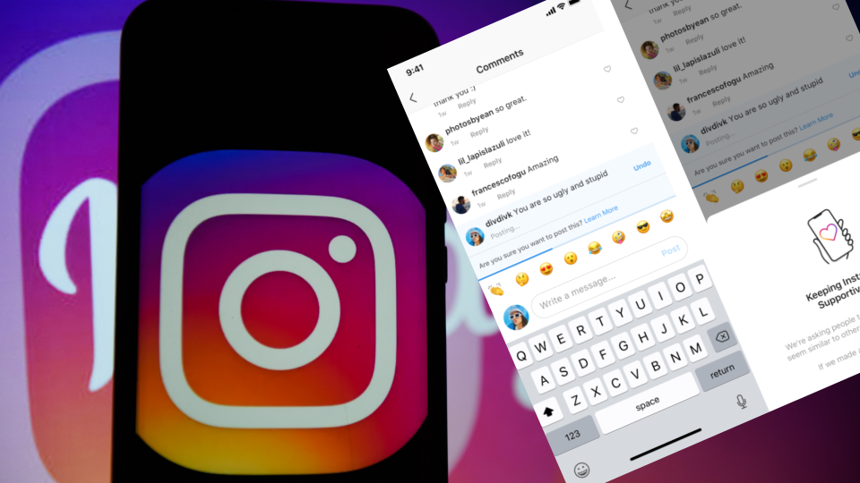 Pictured: Instagram logo and screenshot of new feature warning users before they post an unkind comment. Images: Instagram, Getty