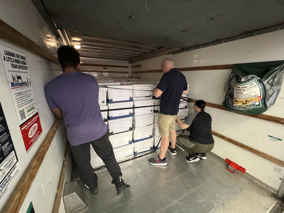 Boxes of signatures are set to be unloaded and delivered to Republican Ohio Secretary of State Frank LaRose's office in downtown Columbus, Ohio, Wednesday, July 5, 2023. Advocates of enshrining abortion rights in Ohio's constitution delivered nearly double the number of signatures needed to place an amendment on fall statewide ballots. (AP Photo/Patrick Orsagos)