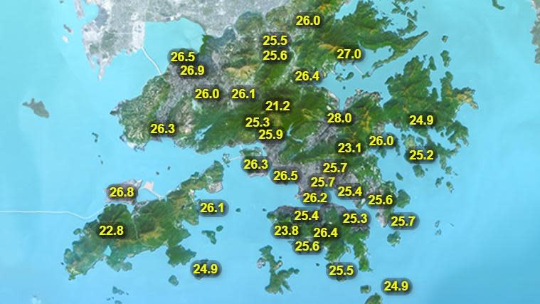 本港地區今日天氣預測多雲，間中有驟雨及狂風雷暴。最高氣溫約29度。吹和緩至清勁南至西南風。(香港天文台)