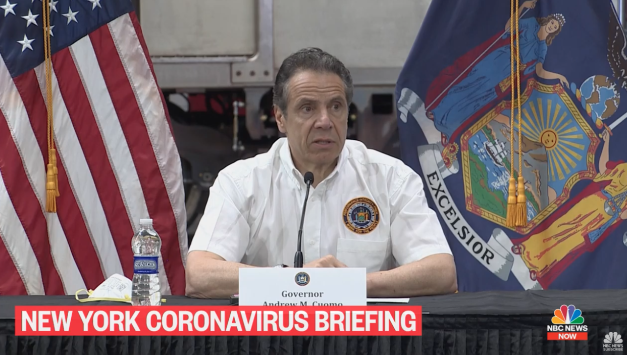New York Governor Andrew Cuomo giving his daily coronavirus response press briefing in Queens on 2 May, 2020: NBC News