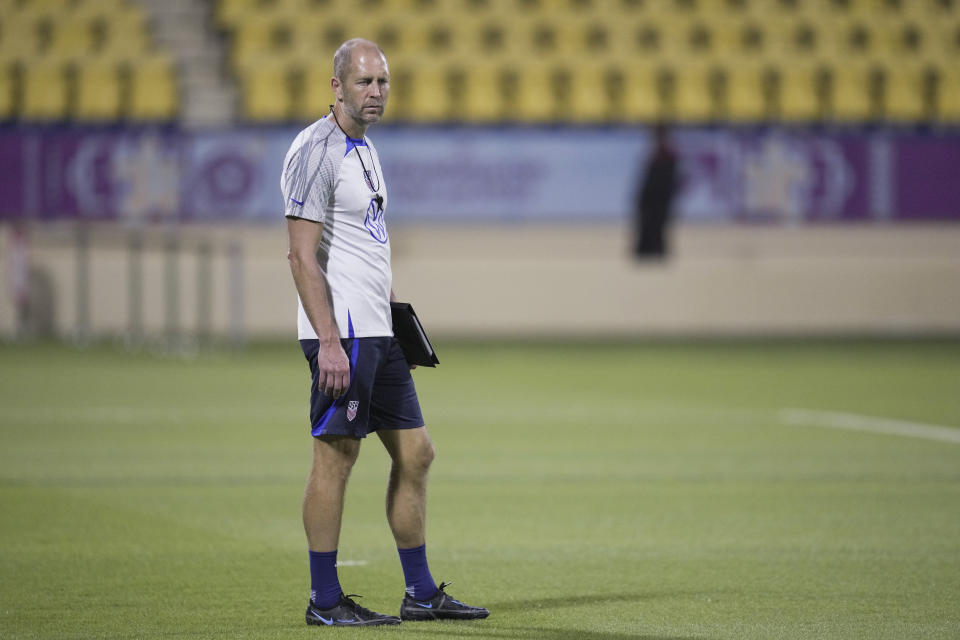 United States head coach Gregg Berhalter watches as his team participates in an official training session at Al-Gharafa SC Stadium, in Doha, Saturday, Nov. 19, 2022. (AP Photo/Ashley Landis)