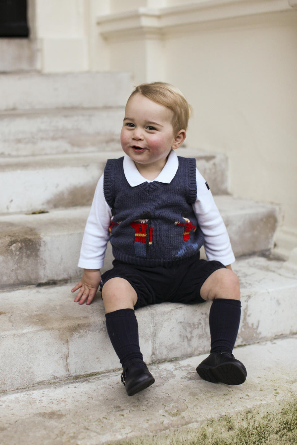 In the second of his three Christmas portraits, George is captured smiling - possibly at his mum pulling silly faces behind the camera. Kate and Wills released the images partly to say ‘thank you’ to the media for not publishing any paparazzi pics of the prince, BBC royal correspondent Peter Hunt said. 