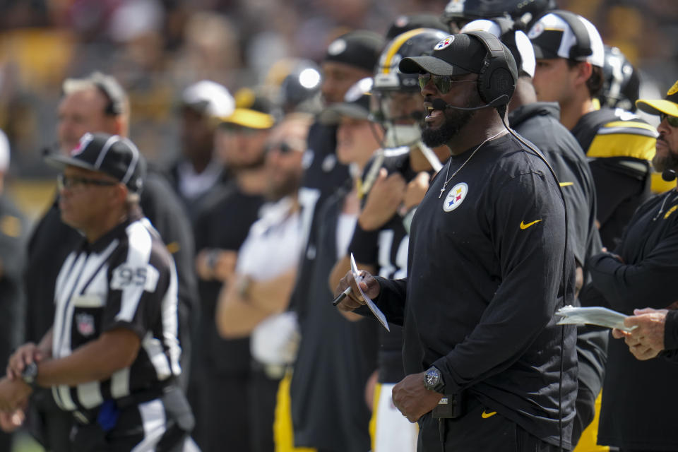 Pittsburgh Steelers head coach Mike Tomlin watches from the sideline during the second half of an NFL football game against the San Francisco 49ers, Sunday, Sept. 10, 2023, in Pittsburgh. (AP Photo/Gene J. Puskar)