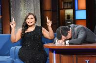 Guest star Mindy Kaling cracks up host Stephen Colbert on Thursday’s episode of <em>The Late Show</em> in N.Y.C. 