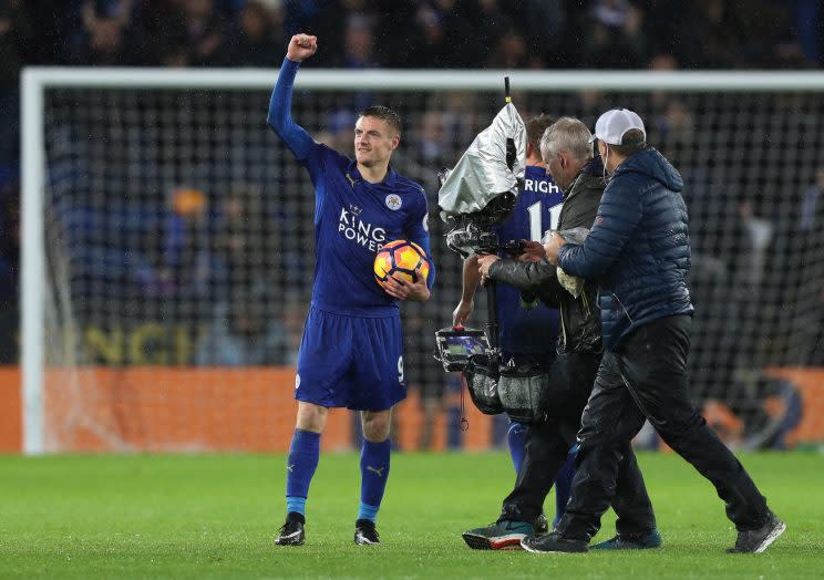 Jamie Vardy celebrates his hat-trick against Manchester City