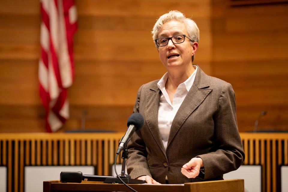 Gov. Tina Kotek answers questions from reporters on Thursday, Dec. 14, 2023, at the Lane County Public Service Building in Eugene, Ore.