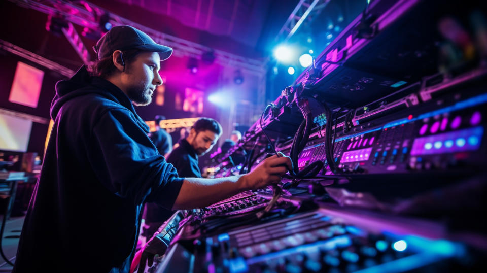 Stagehands setting up the equipment for a live entertainment event.