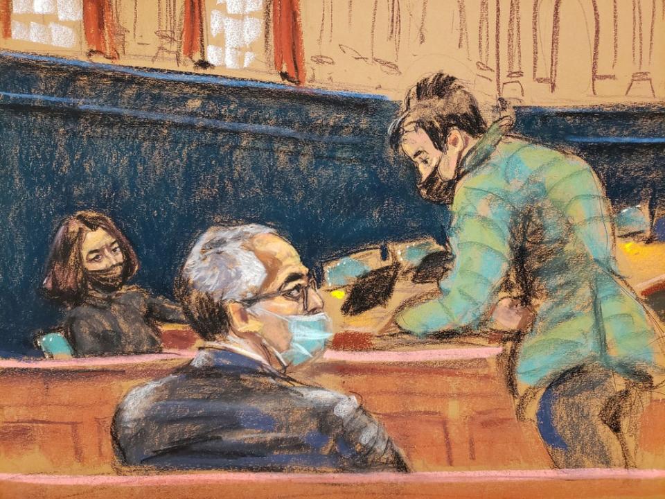 Ghislaine Maxwell looks at her brother Kevin Maxwell and sister Isabel Maxwell during her trial in a courtroom sketch on 1 December (Reuters)