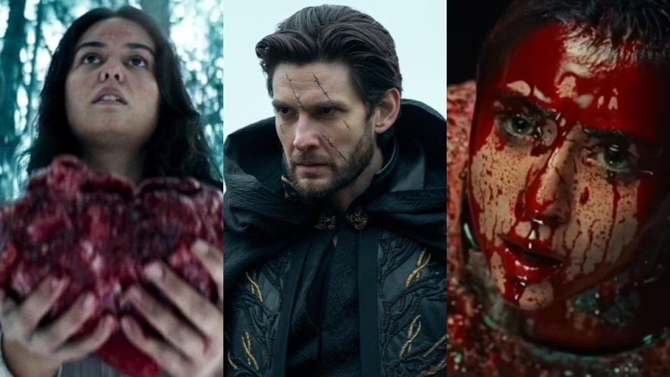 split image of lottie holding a bears heart in Yellowjackets, general from Shadow and Bone, and a bloody girl from gen v 2023 tv shows