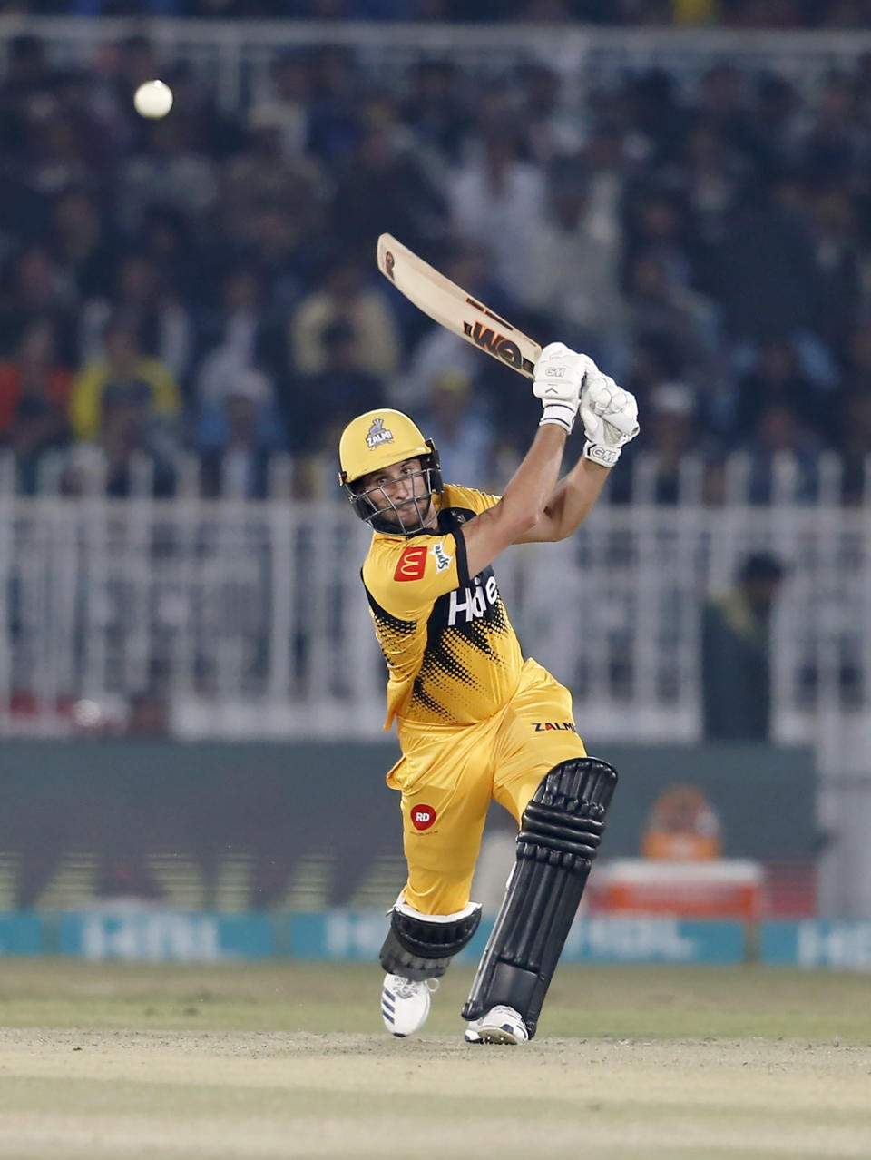 Peshawar Zalmi batsman Liam Livingstone plays a shot for boundary during the Pakistan Super League T20 cricket match against Karachi Kings, in Rawalpindi, Pakistan, Monday, March 2, 2020. (AP Photo/Anjum Naveed)