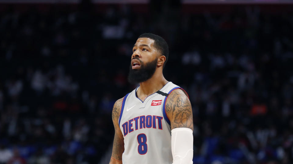 Detroit Pistons forward Markieff Morris walks on the court during the second half of an NBA basketball game, Monday, Jan. 27, 2020, in Detroit. (AP Photo/Carlos Osorio)