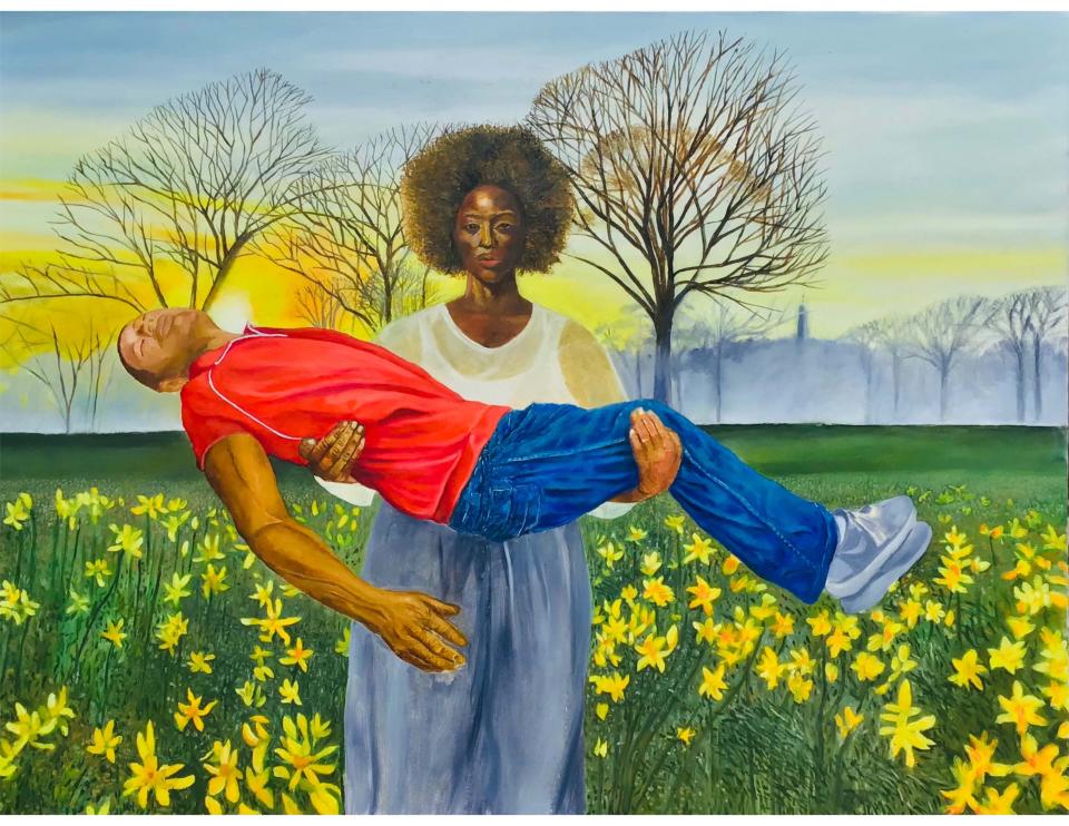 Artwork by three African American men, Joe Roache, shown here, along with Paul Houzell, and Joseph Pearson, are part of the “Her Blood Runs Through My Veins,” exhibit at the Anderson Brickler Gallery.