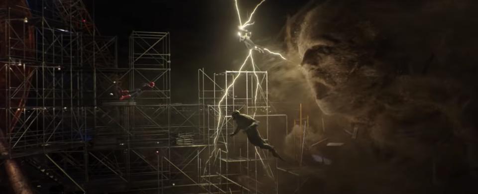 One visible Spider-Man version (left) launches towards three villains (right) in No Way Home trailer 2 scene. - Credit: Sony