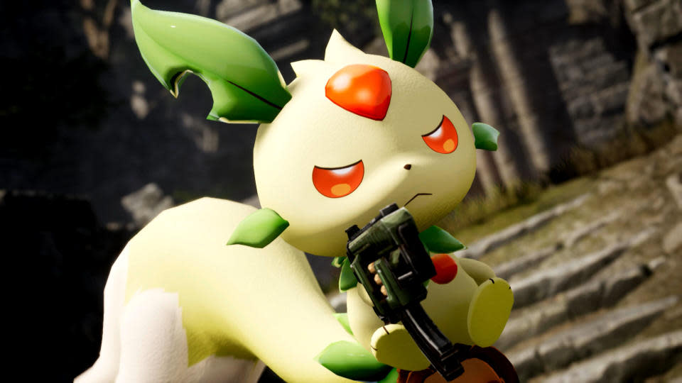 Still from the game Palworld. A Pokémon-like creature sits with an angry expression while holding an assault rifle.