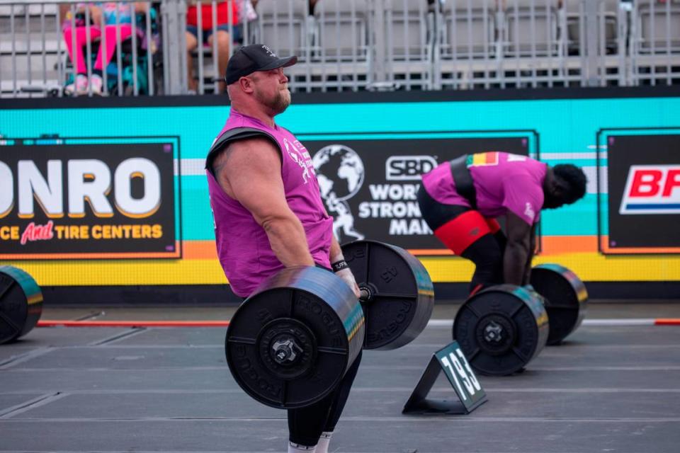 Competitors in the 2024 World’s Strongest Man in Myrtle Beach competition participate in the Deadlift Ladder, where athletes have to lift five barbells faster than their opponent if they can even complete the event. The first barbell weighs more than 600 pounds, and the final one weighs more than 800 pounds. Wednesday, May 1, 2024. JASON LEE/JASON LEE