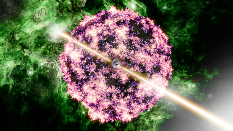 An artist’s visualization of the BOAT, consisting of jews from a central black hole and the surrounding remains of a star going supernova. - Illustration: Aaron M. Geller / Northwestern / CIERA / IT Research Computing and Data Services