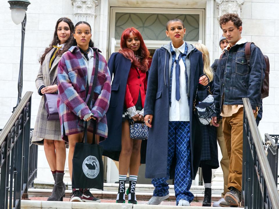Zion Moreno, Whitney Peak, Savannah Smith, Jordan Alexander, Eli Brown are seen at the film set of the 'Gossip Girl' TV Series