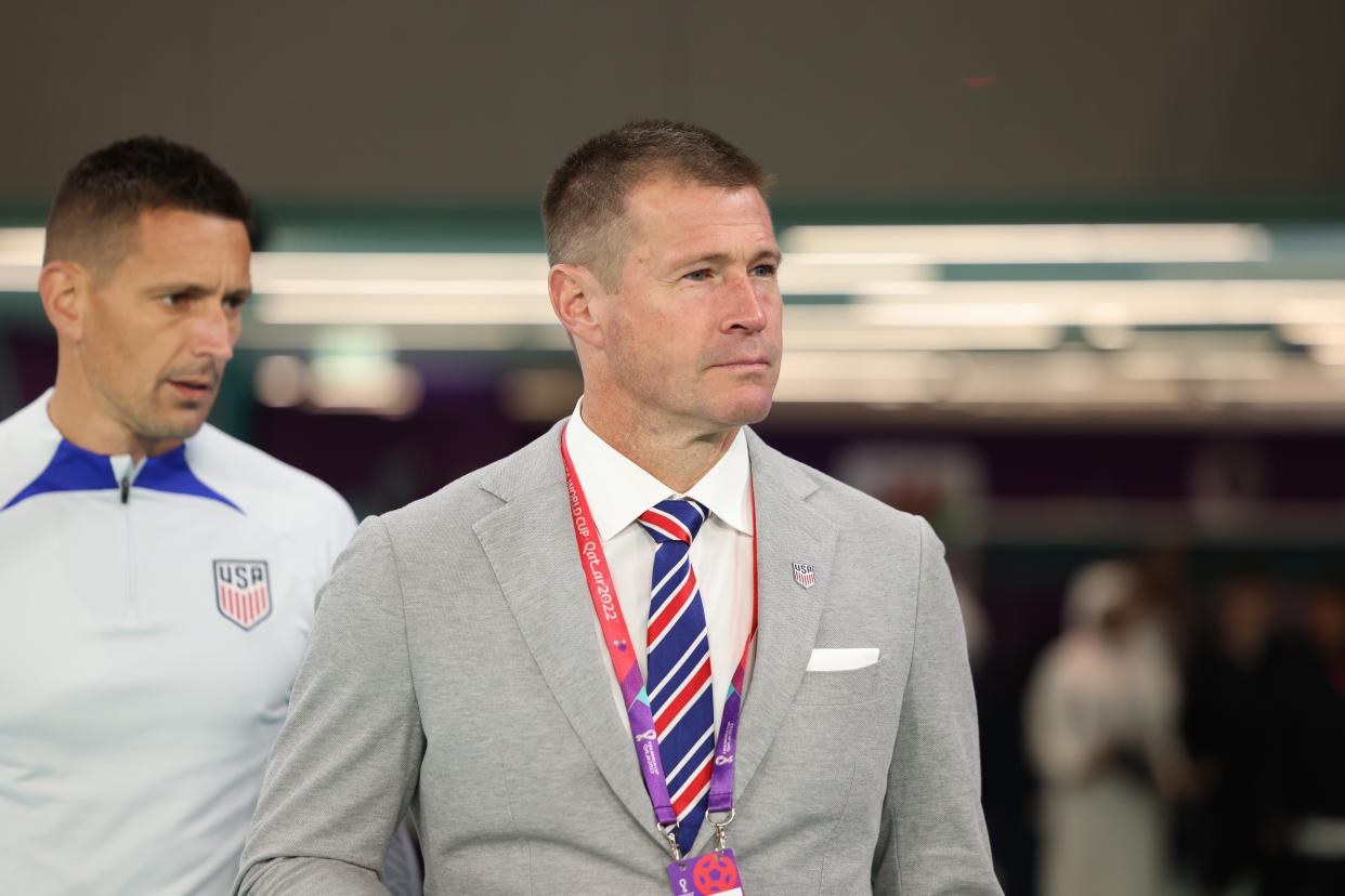 DOHA, QATAR - NOVEMBER 21: Brian McBride USMNT General Manager before at FIFA World Cup Qatar 2022 Group B match between Wales and USMNT at Ahmad Bin Ali Stadium on November 21, 2022 in Doha, Qatar. (Photo by John Dorton/ISI Photos/Getty Images)