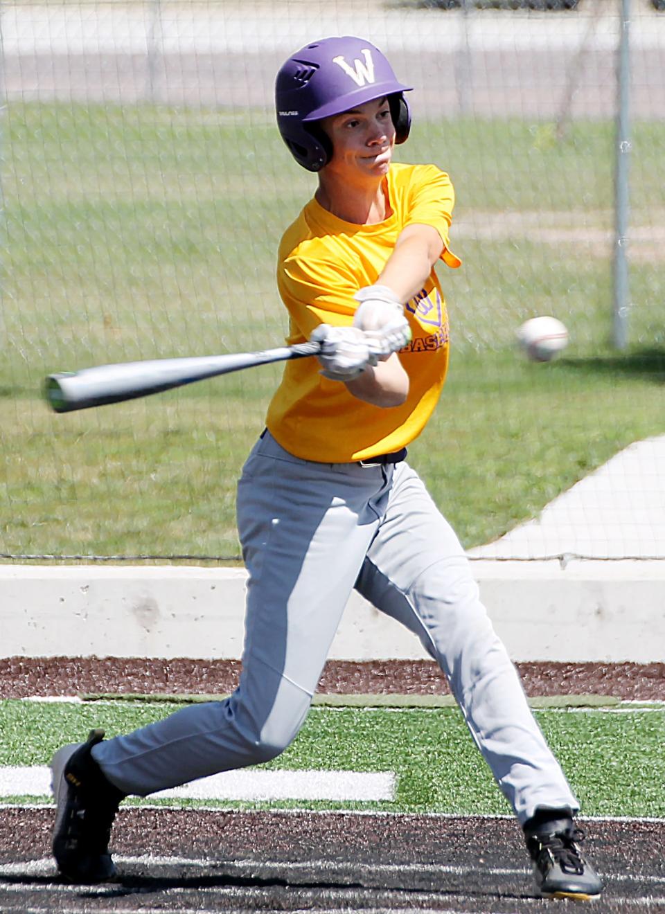 Caden Corey of the Watertown Grey Sox takes a swing at at the ball Friday during the team's 9-3 win over Huron in the state Class A Baseball 13-and-under state baseball tournament at Brookings. The Grey Sox (33-7) won their pool with a 3-0 record and reached the tourney semifinals on Sunday.