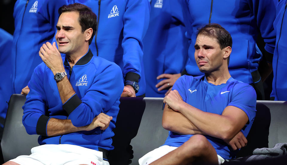 Rafael Nadal and Roger Federer of Team Europe look sad after Roger's last match following the doubles match between Jack Sock and Frances Tiafoe of Team World and Roger Federer and Rafael Nadal of Team Europe during Day One of the Laver Cup at The O2 Arena on September 23, 2022 in London, England. 
